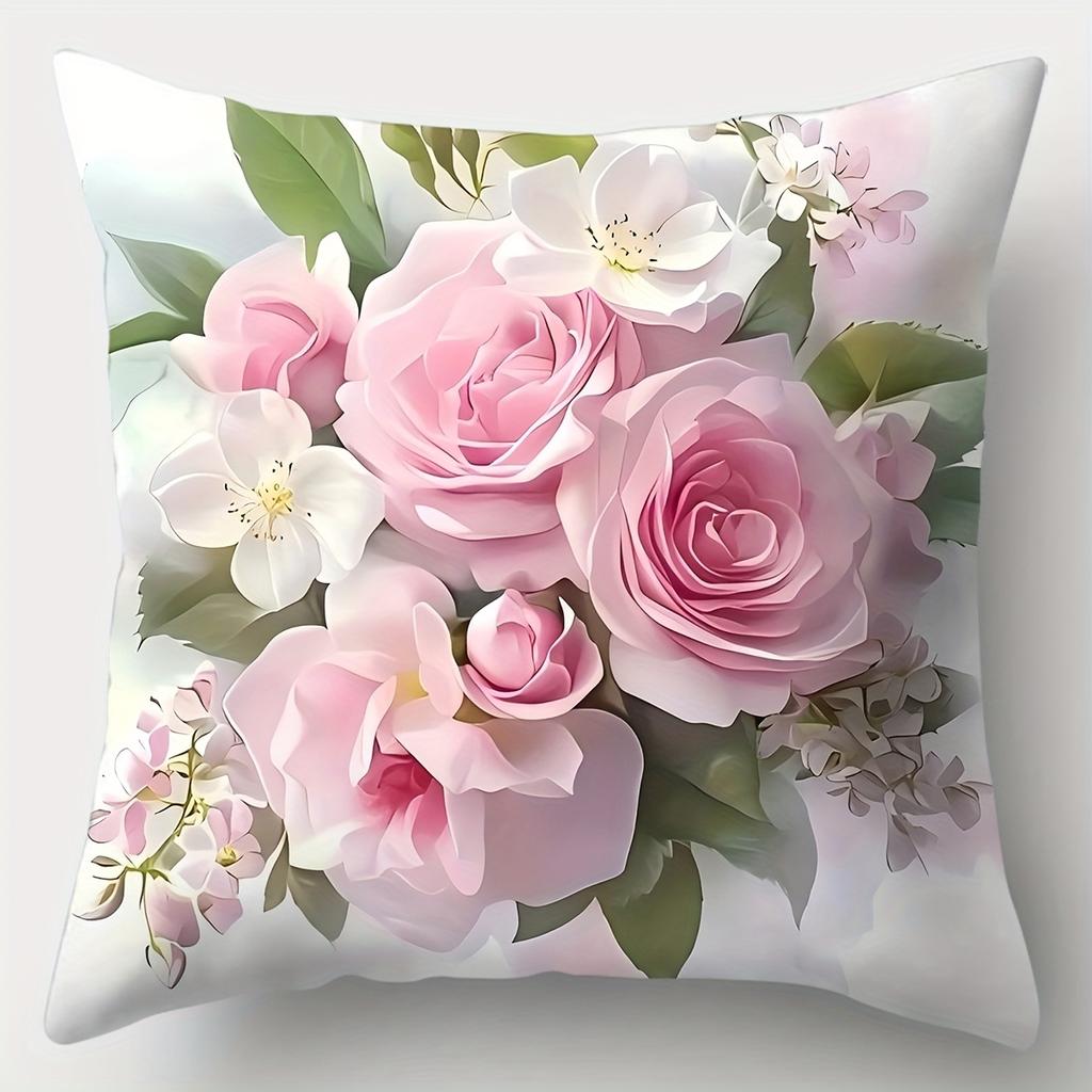Elegant Pink Rose White Floral Pillow Covers Square Contemporary Living Room Decor for Sofa Accent Pillows