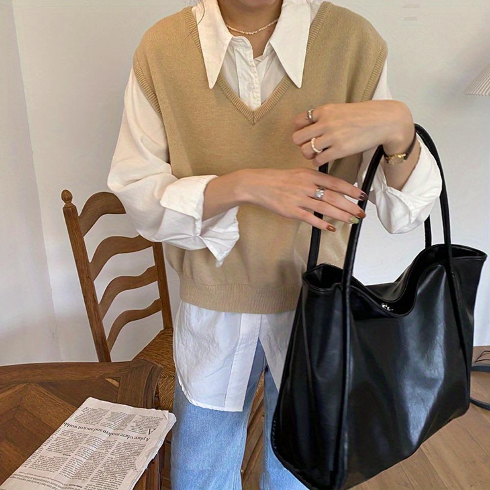 Женская минималистичная сумка-тоут, большая вместительная сумка на плечо, женская однотонная сумка для работы
