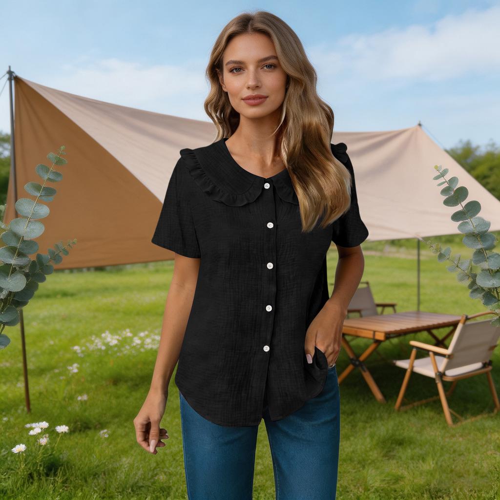Women Summer Short Sleeve Shirt Dress Style Blouse Ruffle Collar Button Front Closure Casual Loose Fit Textured Top