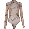 Summer Sexy Letter Print Transparent Mesh Bodysuits Long Sleeve See Through Baby Bodycon Rompers Women Jumpsuits