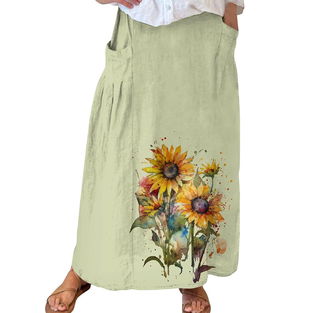 Women Casual Loose Boho Elastic Waist A-Line Beach Flowy Swing Vacation Maxi Skirt With Pocket