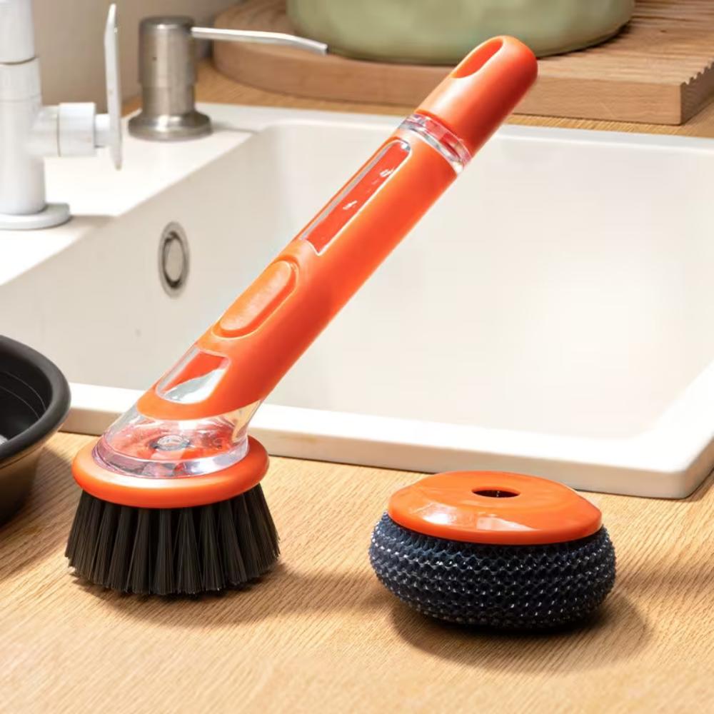 2 In 1 Press Type Automatic Liquid Outlet Cleaning Brush With Replaceable Head For Kitchen Cleaning Pots Pans Soap Dispenser