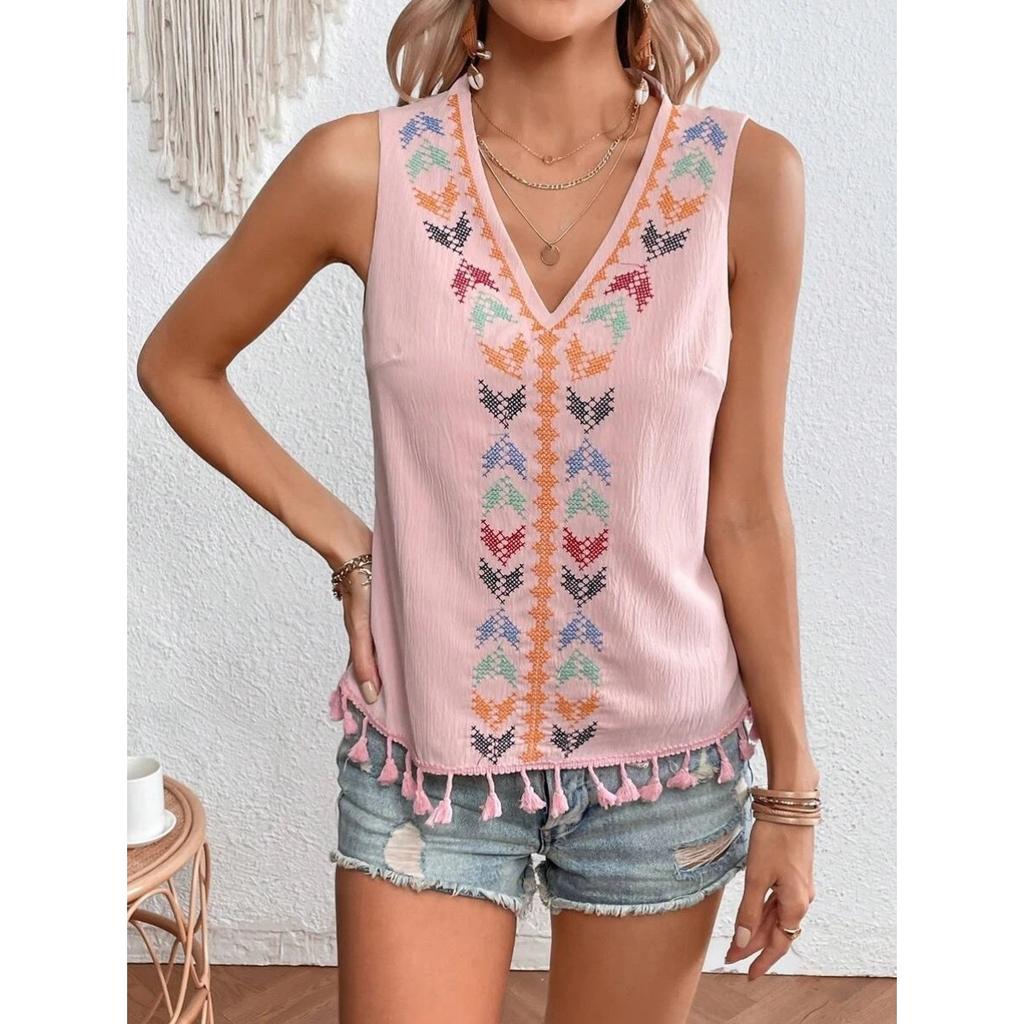 Women's V Neck Sleeveless Tank Top Slim Fit Bohemian Ethnic Embroidery Fringe Hem Casual Blouse