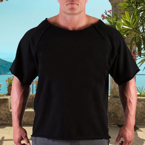Summer Men Gym T-shirt Round Neck Short Sleeves Solid Color Pullover Mid Length Sweat Absorption Patchwork Sport Jogging Top