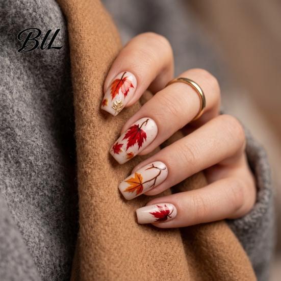 Maple Leaf Nail Stickers Autumn Stickers, Self-Adhesive Fall Leaves Decals, Art Decals Women Embossed Manicure for Home and Salon Use Decorations