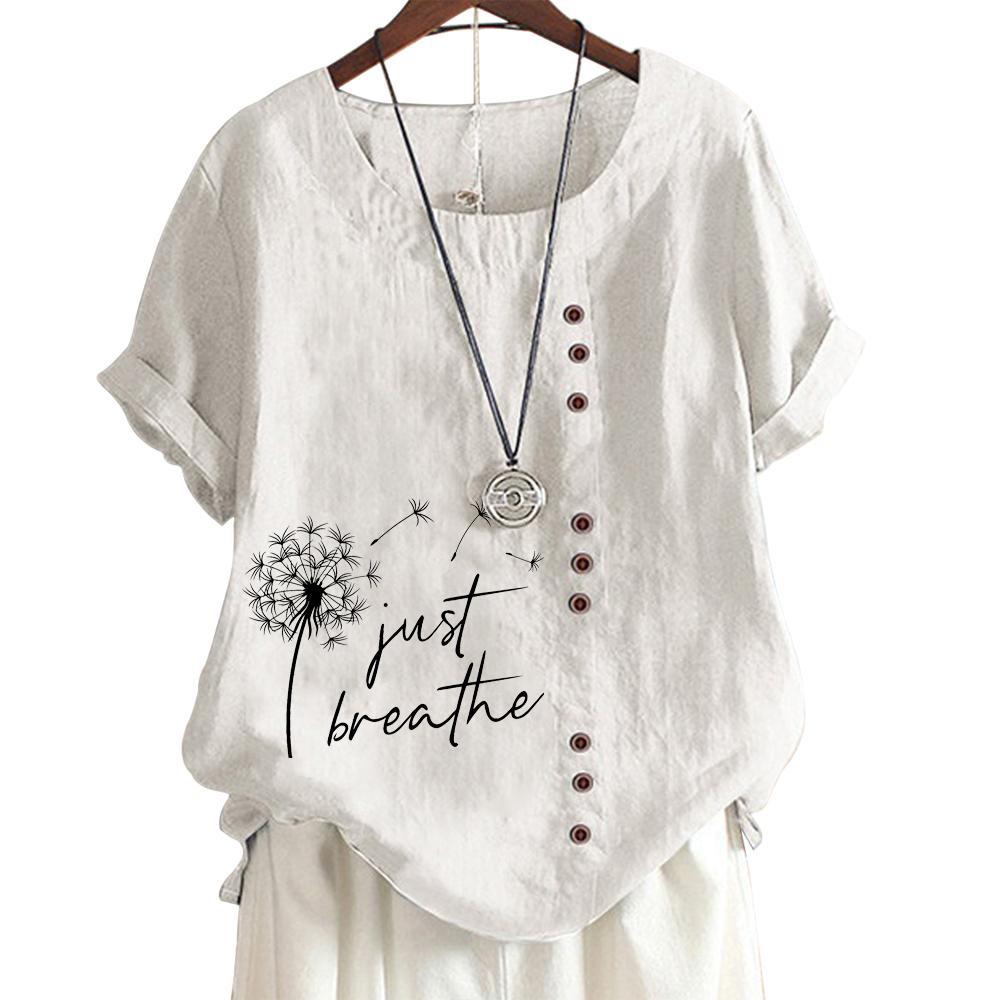 Womens Linen Cotton Casual Tee with 8 Classic Black and White Botanical Floral Patterns, Round Neck, Short Sleeves S-5XL