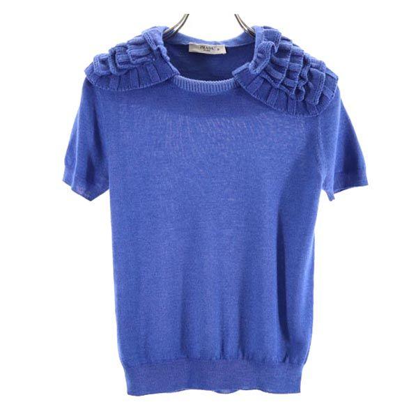 Prada Made In Italy Wool Blend Short Sleeve Design Knit 38 Blue Sweater Women Used
