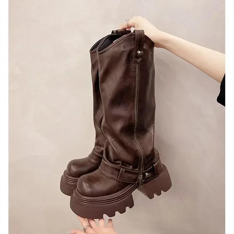 Fashion New Chunky Platform Boots Women 2025 Winter Warm Non-slip Thick Bottom Long Boots for Women Rivet Zip Punk Design Knight Boots