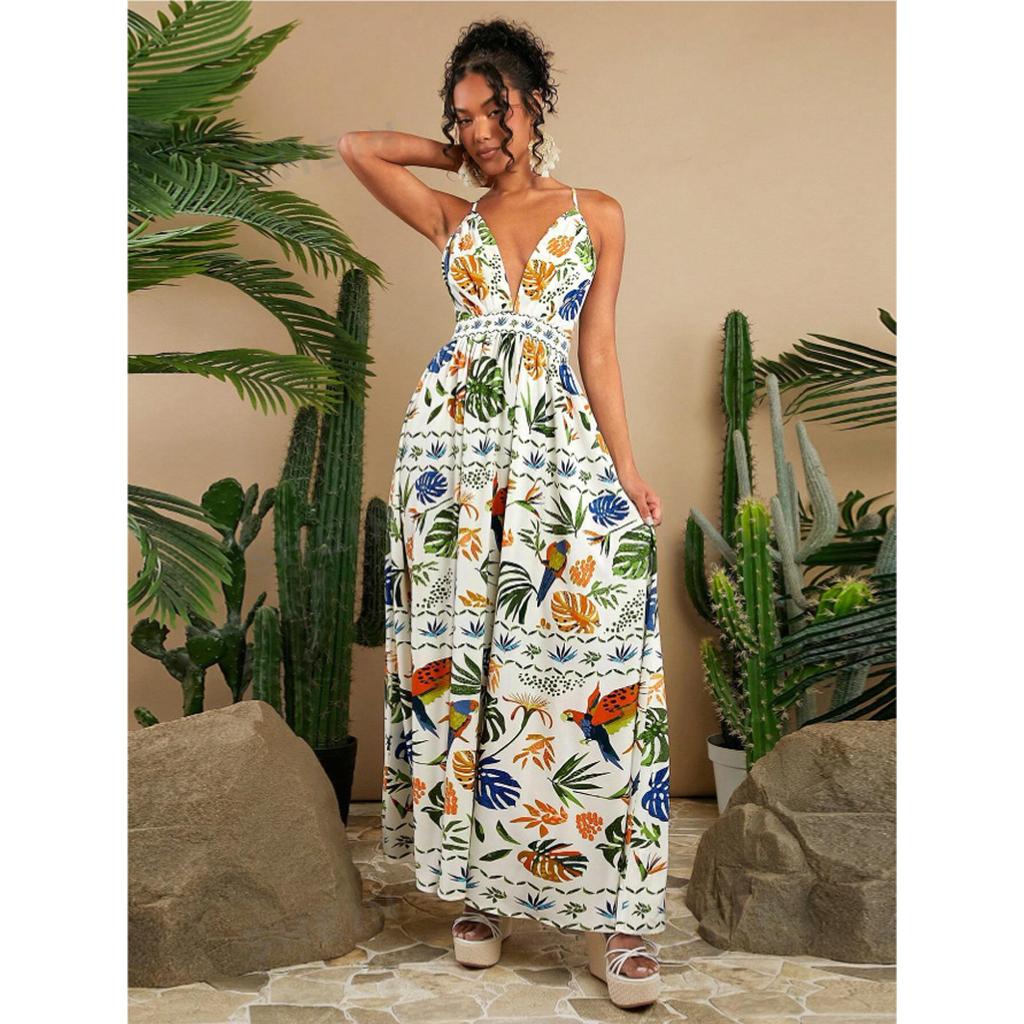 Women's Boho Floral Beach Sundress Sleeveless Summer  Maxi Dress Spaghetti Straps Casual Smocked Flowy A-Line Dress Party Long Dresses for Women