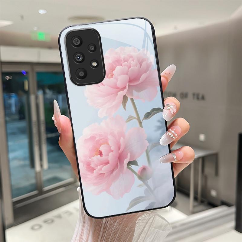 Cute Cartoon Cats Flower Case For Samsung Galaxy A52 A52S A72 4G 5G Tempered Glass Phone Case Protective Back Cover Hard Shell