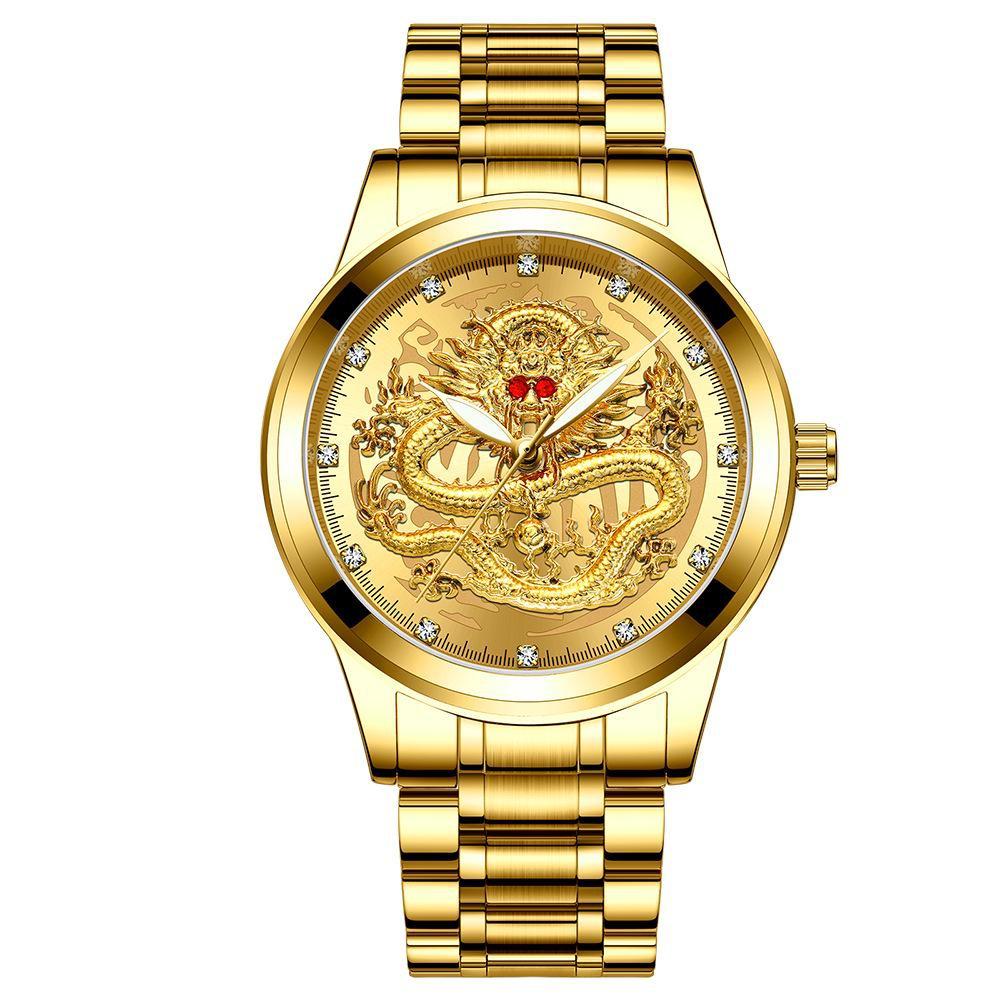 FNGEEN Men's Watch Light Luxury Relief Golden Dragon Watch Waterproof Diamond Inlaid Ruby Mens Quartz Watch