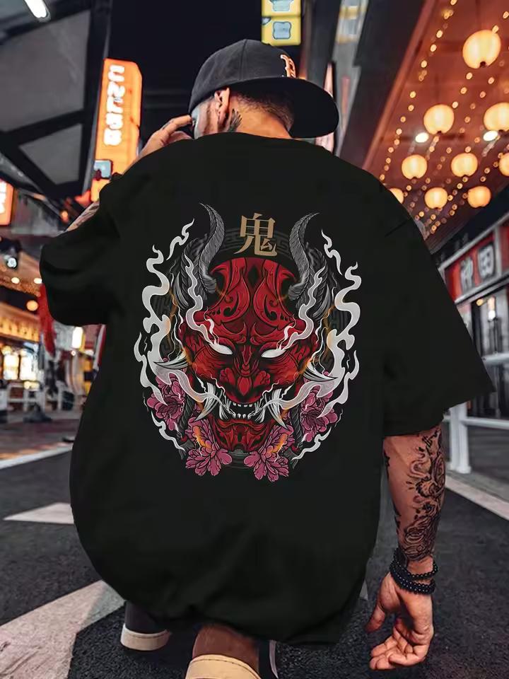 Hannya Oni Mask Graphic T-Shirt Men Women Streetwear Aesthetic Urban Oversized Short Sleeve Cotton Casual Tops