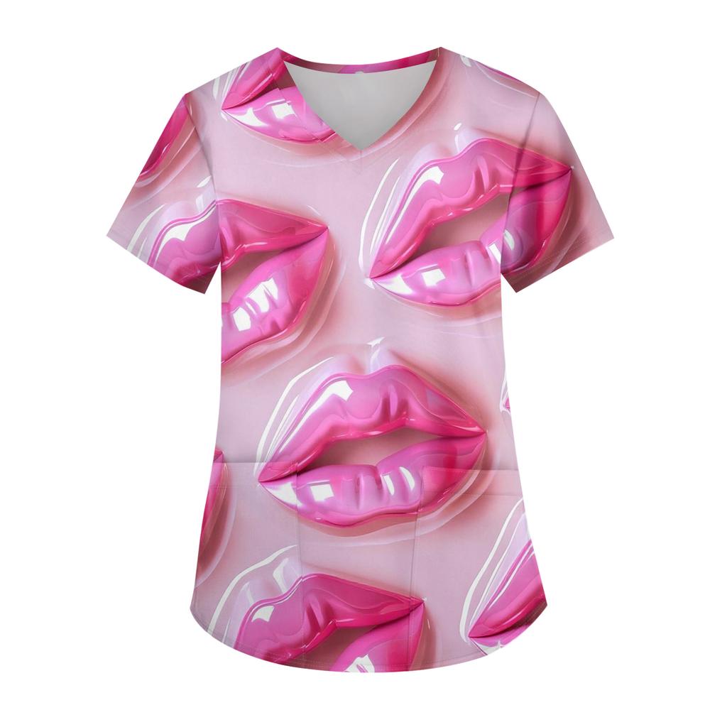 Женская модная футболка с V-образным вырезом, карманом и короткими рукавами с принтом ко Дню святого Валентина, униформа и топ для воспитателя