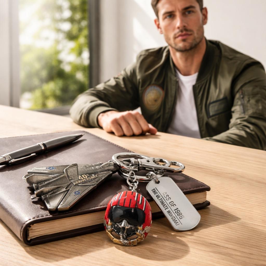 Metal Fighter Jet Keychain with Pilot Helmet and Dog Tag 40th Anniversary Commemorative Collectible Accessory for Aviation Enthusiasts and Collectors