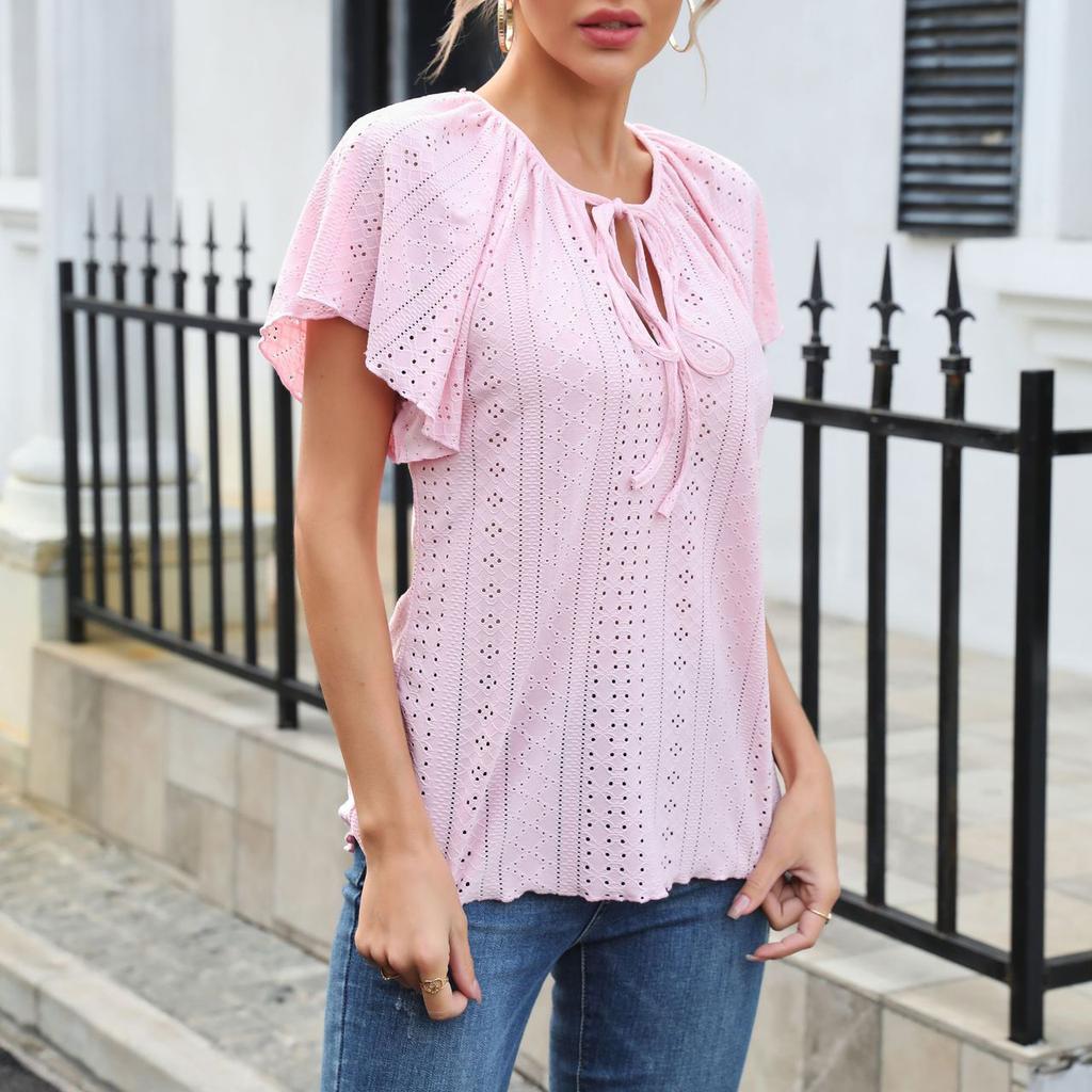 Летние женские топы, пуловер с короткими рукавами, однотонная футболка с вырезом, милый топ на шнуровке с воланами