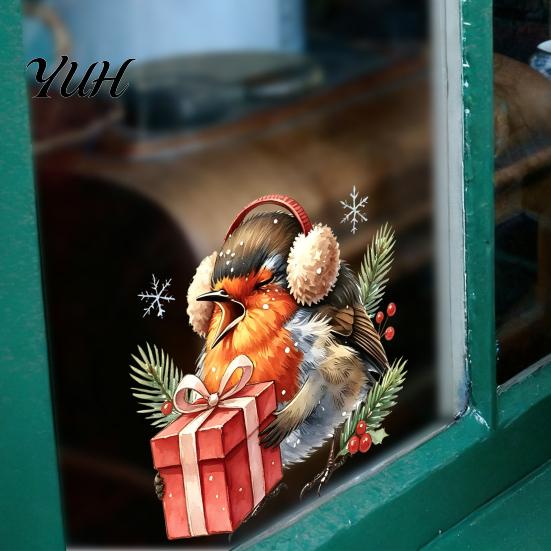 Decorative Window Stickers for Home Christmas Bird Static Clings, PVC Waterproof Decals with Santa Hat And Creative Gifts Lovers Gift Box, Removable