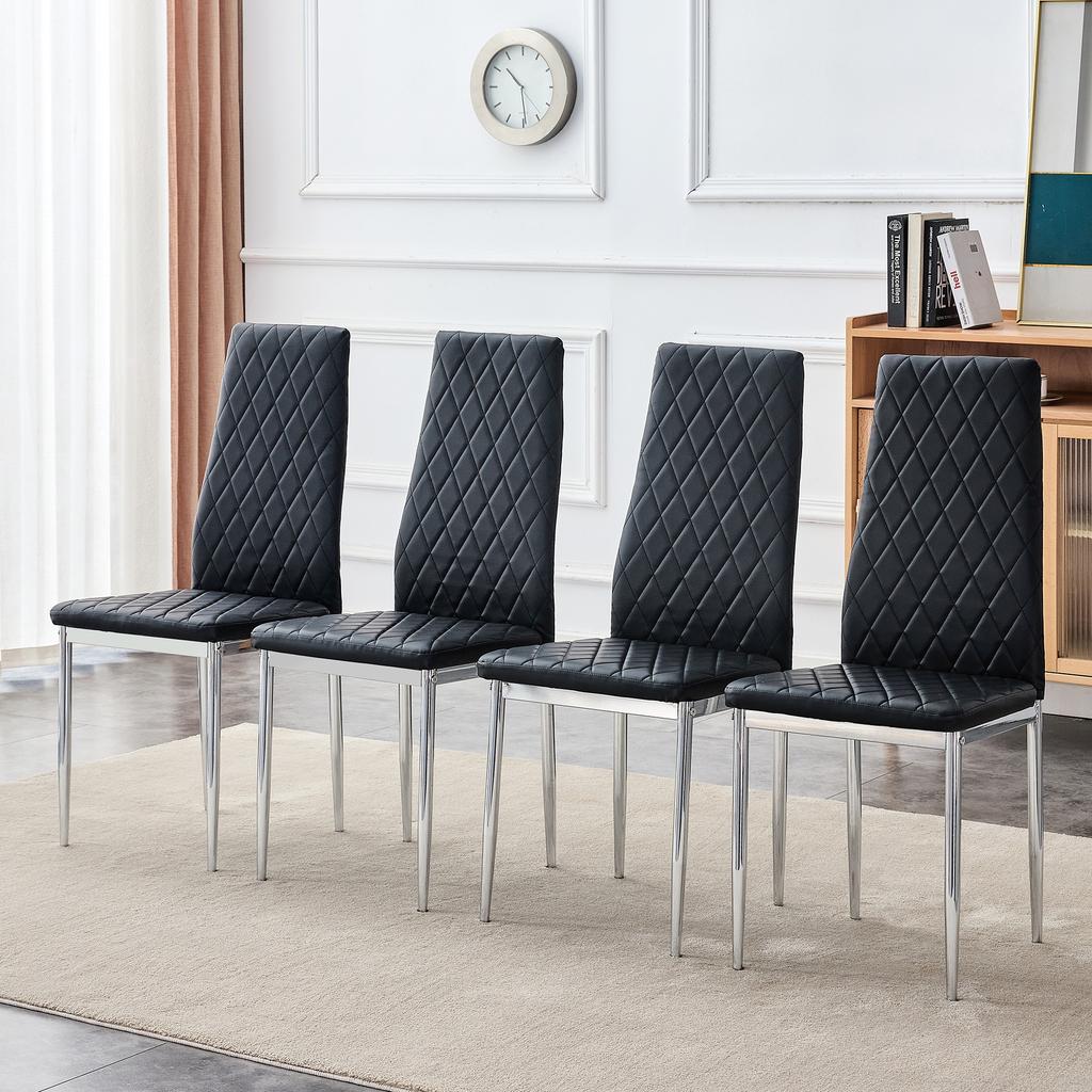 Set of 4 dining chairs, black, diamond pattern PU leather, metal legs, modern chair for kitchen, living room, café & home office