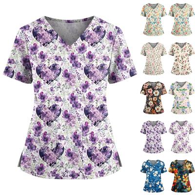 Женский повседневный топ с принтом, V-образным вырезом, карманом, боковым разрезом и короткими рукавами