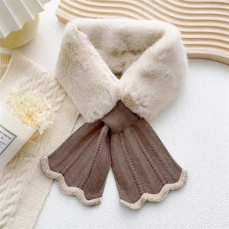 Scarves Winter Thickened Knitting Splicing Cross Colorblocking Faux Rabbit Warm Scarves