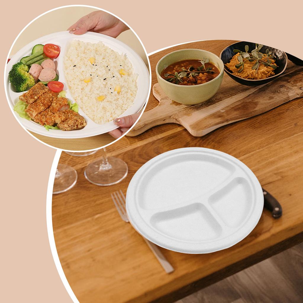 Одноразовые обеденные тарелки, Утолщенная посуда пищевого класса, Круглые тарелки для закусок, Тарелки для барбекю, Бумажные тарелки для шведского стола, Бумажные тарелки с тремя отделениями