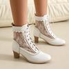 Women's Short Boots Retro British Lace Spell Hollow Burnt Wood Grain Heel Lace-up and Ankle Boots Martin Boots
