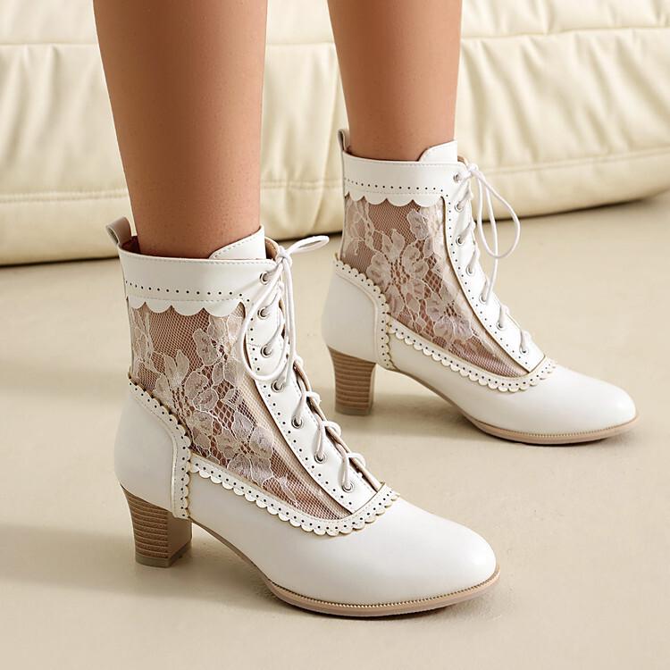 Women's Short Boots Retro British Lace Spell Hollow Burnt Wood Grain Heel Lace-up and Ankle Boots Martin Boots