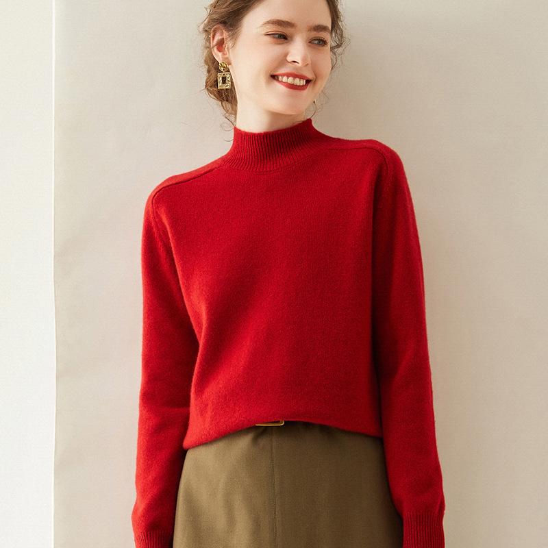 Women's 100% Cashmere Wool Sweater - Winter Thickened, Half-High Neck, Saddle Shoulder, Loose Knitwear