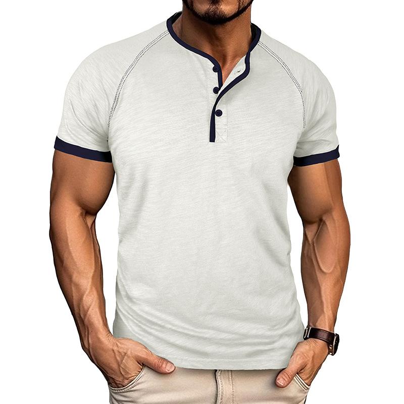 Men's Contrast Piping Raglan Henley T Shirt Placket Slub Cotton Short Sleeve Casual Summer Tee