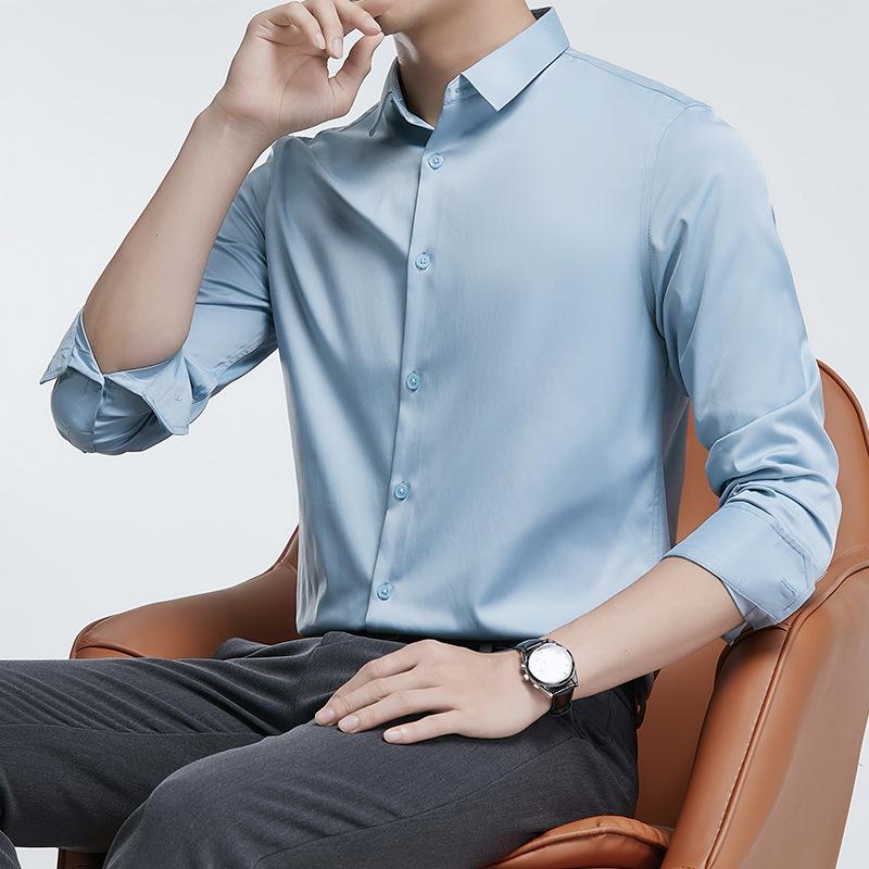 Рубашка из мерсеризованной немаркой мужской с длинным рукавом, не мнется, деловой костюм, свадебная рубашка, однотонная