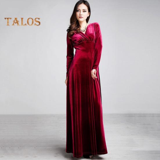 Женское вечернее платье из золотистого бархата с V-образным вырезом, плиссированное А-силуэта, однотонное, с длинными рукавами, длинное платье с высокой талией, вечернее платье макси