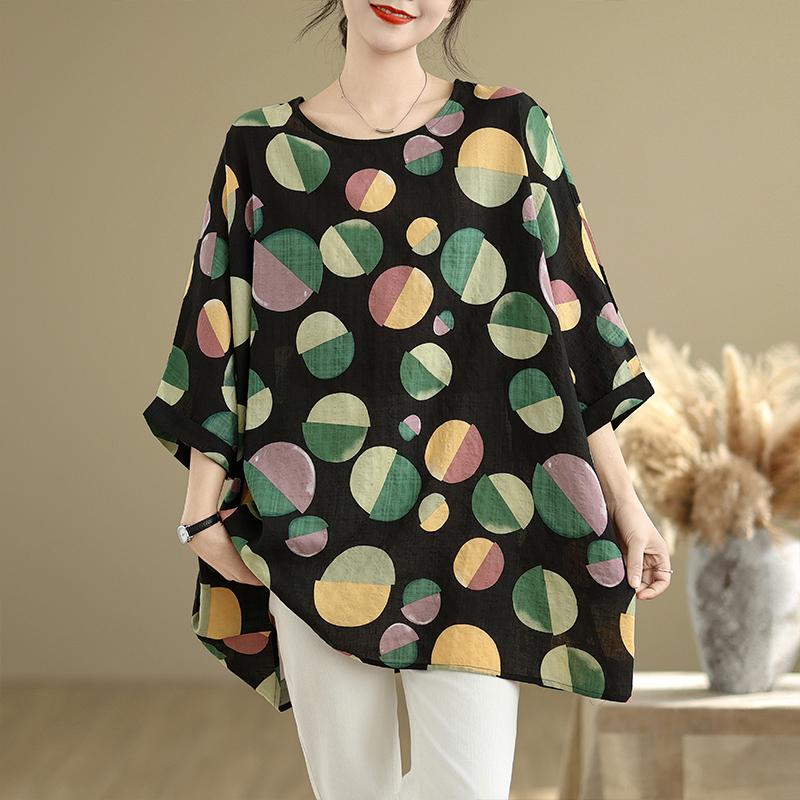 DIMANAF 2025 Весенняя футболка больших размеров Женская с принтом Рукав «летучая мышь» Горошек Винтажный Свободный топ Повседневный