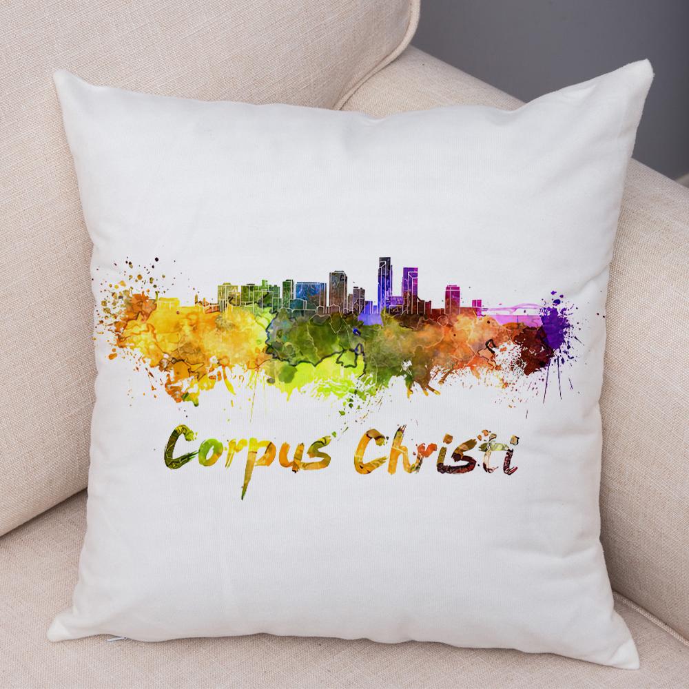 Watercolor City Skyline Cushion Cover Global Landmarks Art Print Soft Linen Living Room Bedroom Home Decor Pillow Case