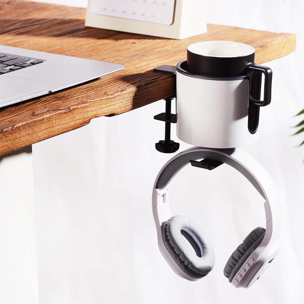 Bitze Luxury 2-in-1 Drink Cup Holder, Desk Cup Holder, Multifunctional Storage Rack for Computer Desks, and Earphone Holder (White)