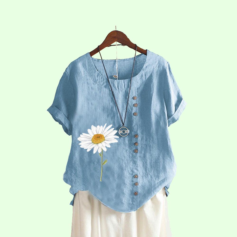 Женская мода блузки с принтом Повседневная футболка с коротким рукавом Летняя свободная рубашка с круглым воротником большого размера