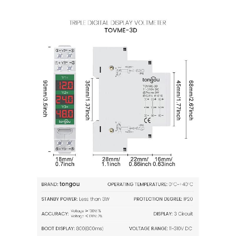 Din Rail Smart LED Digital DC11V-310V Direct Current Voltage Meter Numeric Display Voltage Gauge for Electronics