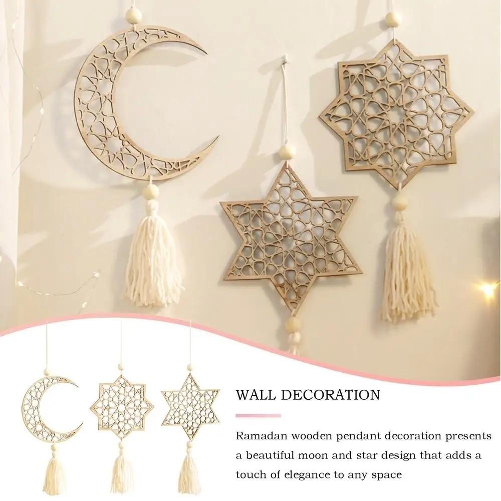 with Tassels Moon Star Hollow Mesh Wall Decor Wooden Handicraft Pendant  Ramadan Celebration