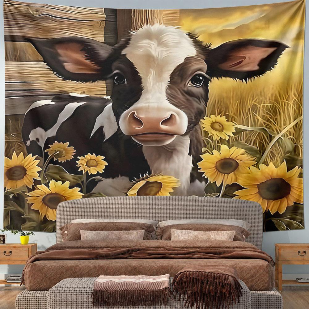 Cow and Sunflowers in Golden Field Pattern Wall Hanging Tapestry Decorative Tapestry Home Decor for Bedroom and Living Room