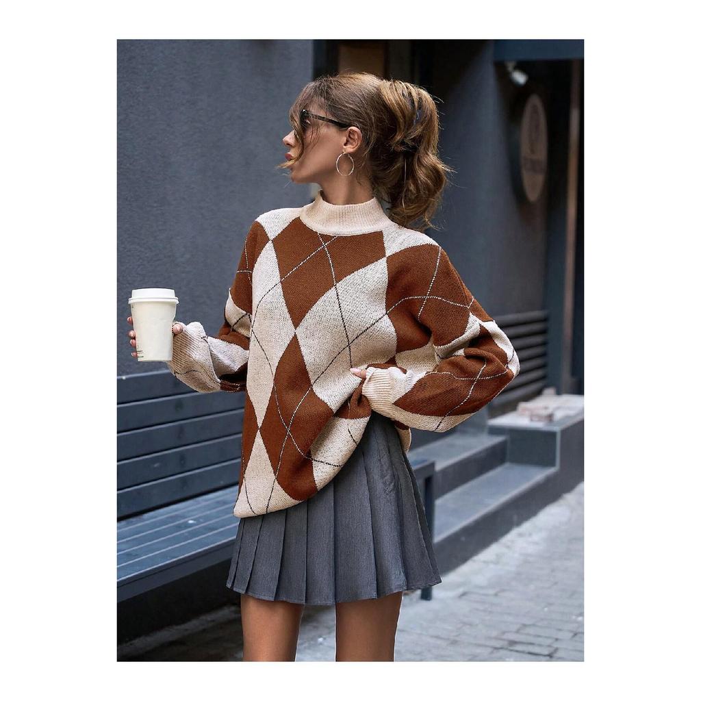 Women's Diamond Patterned Black High Collar Knitwear Sweater