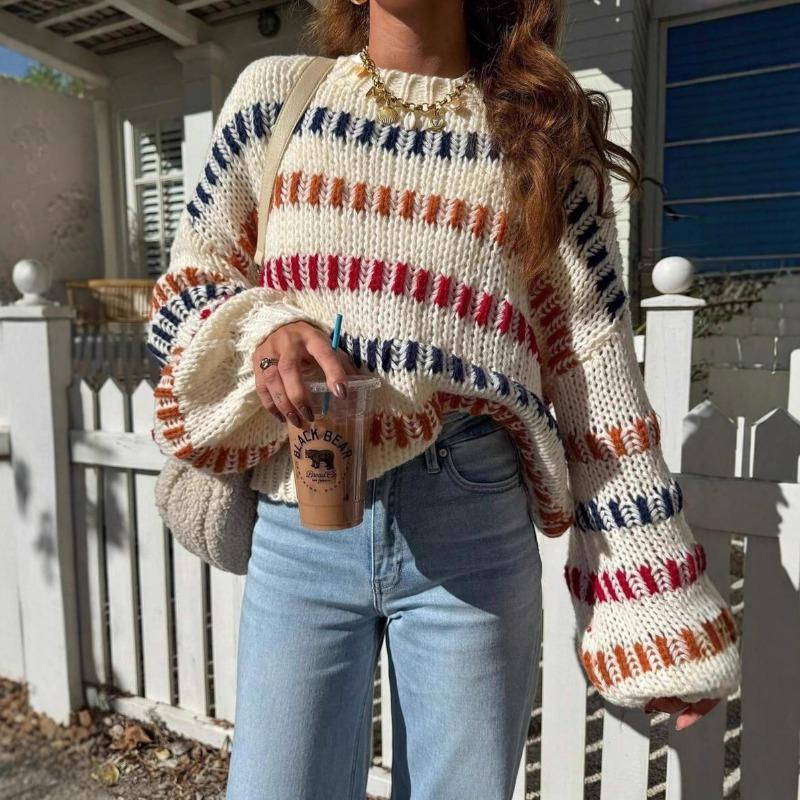 Women S Vintage Color Block Knitted Oversized Batwing Sleeve Sweater