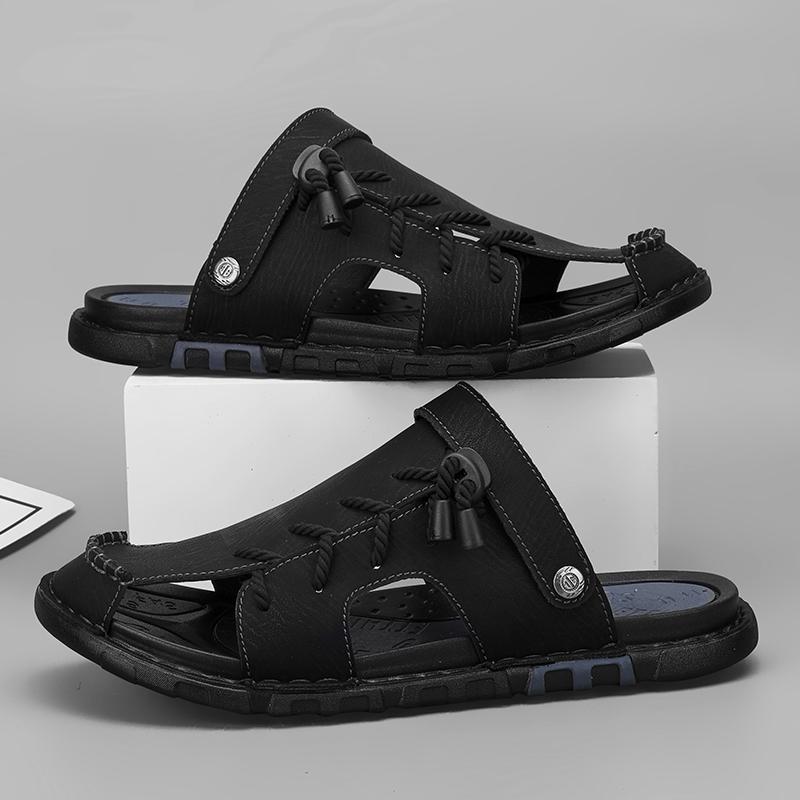 Модные летние мужские повседневные кожаные шлепанцы-вьетнамки в стиле ретро, мюли, полусабо, модные повседневные пляжные сандалии двойного назначения