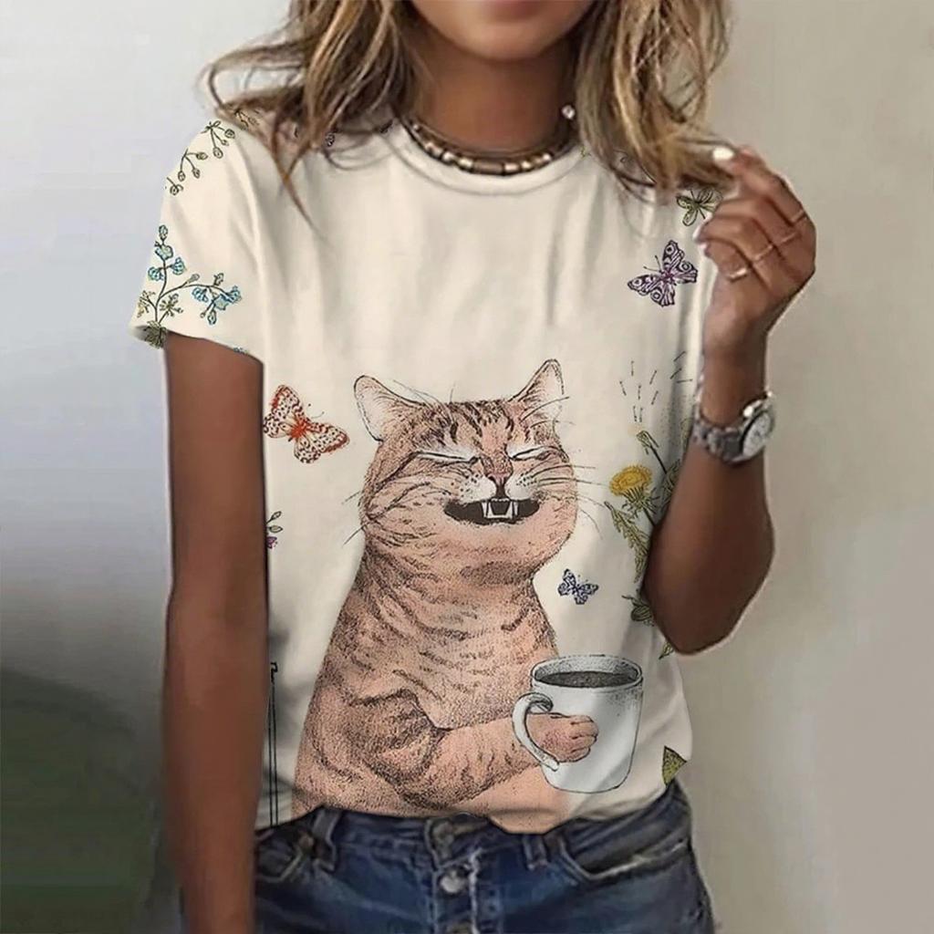 Летний топ с круглым вырезом, 3D-принтом милого кота каваи, модная повседневная женская футболка с коротким рукавом