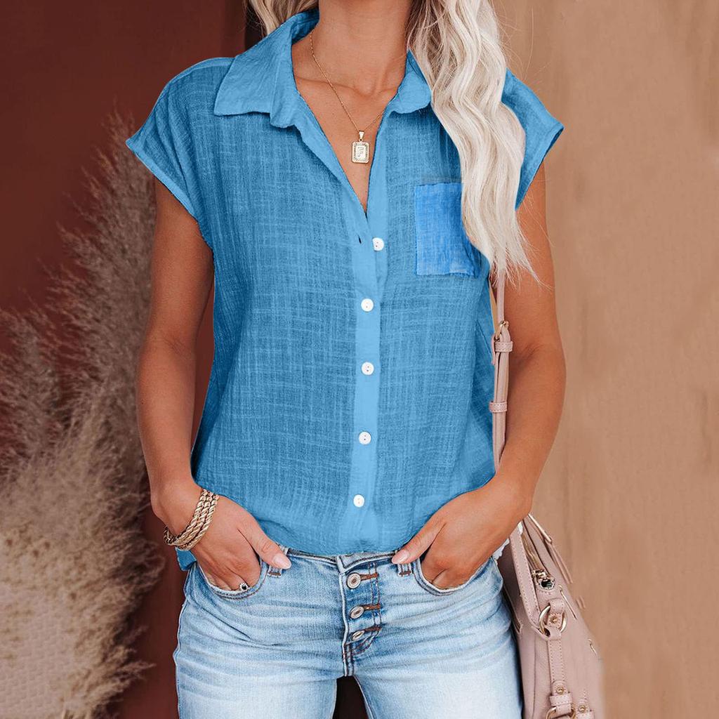 Summer Women Cotton Linen Shirts Casual Pocket Short Sleeve Solid Color Lapel Neck Shirt