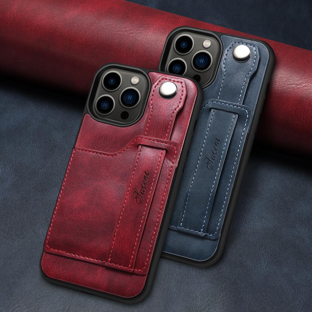 Luxury Leather Phone Case for iPhone 15 Pro Max 14 Plus 13 12 Pro 15Pro with Card Slot & Wrist Strap Holder Back Cover LS215