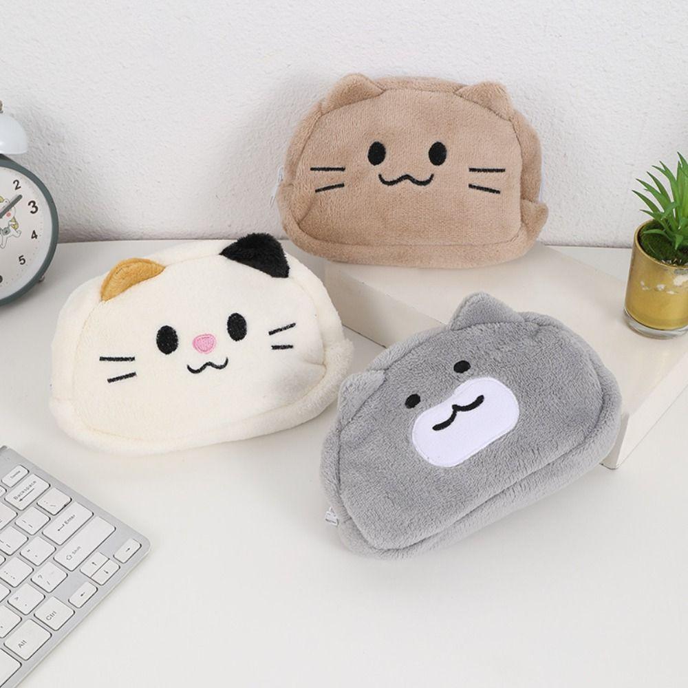 Desk Organizer Smile Cat Pencil Bag Large Capacity Cat Makeup Bag Plush Pencil Case  Stationery