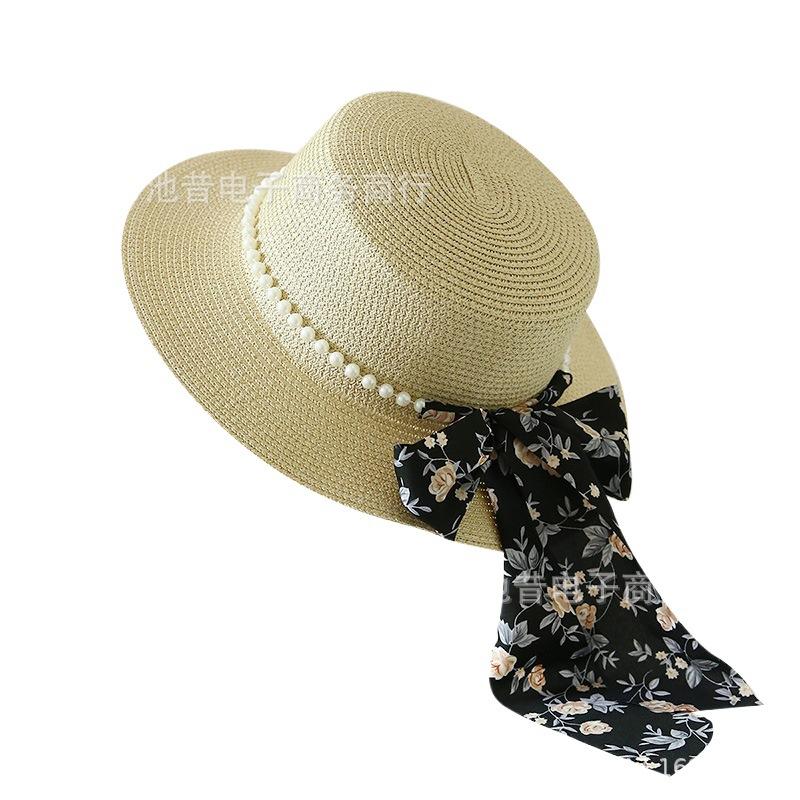 Summer printing streamer straw hat sun hat versatile bow fashionable new women's eaves sunscreen