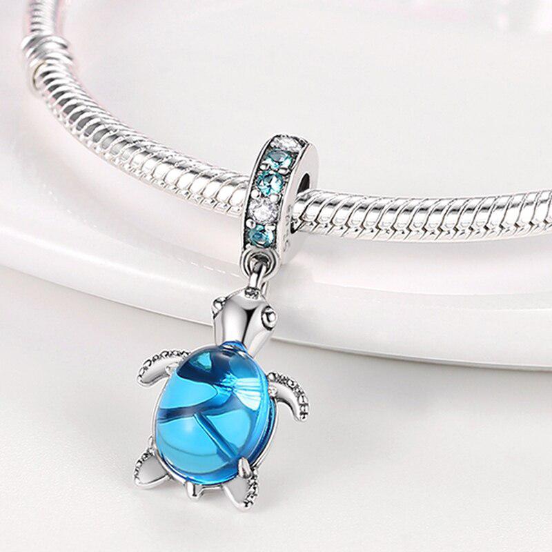 Summer Sterling Silver 925 Murano Glass Sea Turtle Dangle Charms Beads Fit Bracelets Women Diy Jewelry