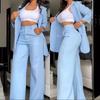 Women's Light Blue Blazer and Wide Leg Pants Suit Set, 2-Piece Formal Wear