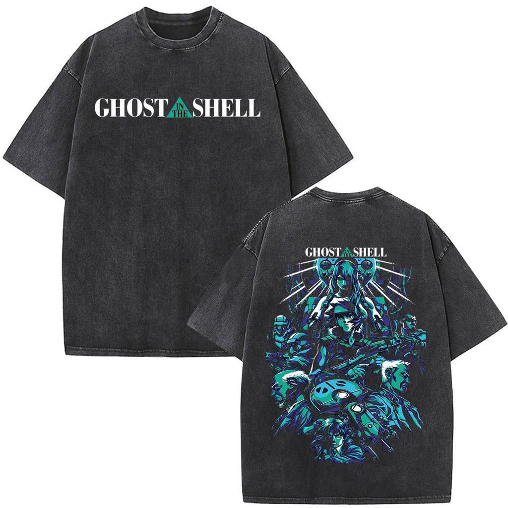 Anime Ghost in The Shell Motoko Kusanagi Vintage Washed T Shirts Men's Women Fashion Short Sleeve Oversized T-shirts Streetwear