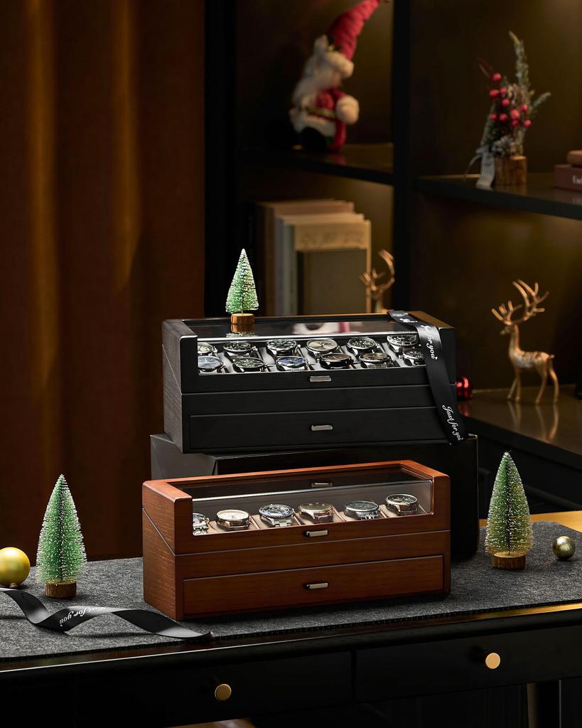 ProCase Деревянный футляр для часов, вмещает 12 часов, 2-уровневая шкатулка для часов, Органайзер для ювелирных изделий для мужчин, Витрина-футляр со стеклянной крышкой - Черный