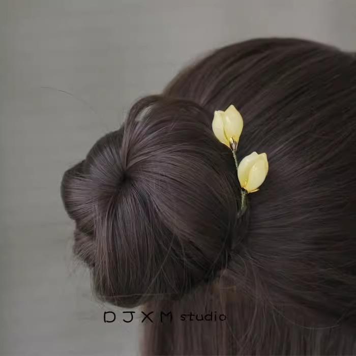 long u shaped handmade tulip hair stick ancient style flower hairpin for women bun styling hanfu cheongsam daily hair accessory